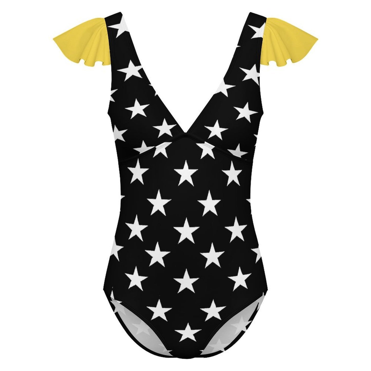 Thin Gold Line Flag Inspired Women's V-neck Ruffle Sleeve One Piece Swimsuit