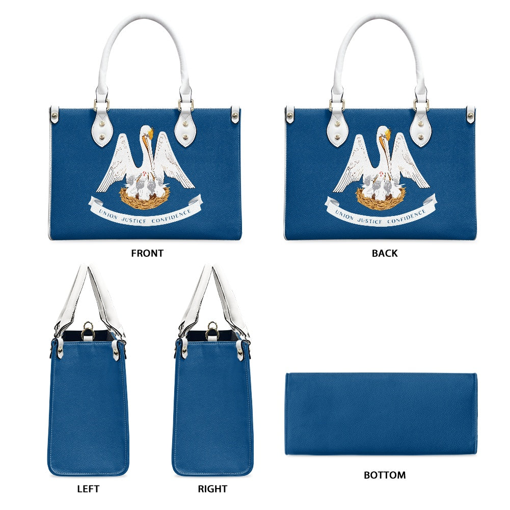 Blue handbag with emblem, white handles, multiple angles. [Brand]