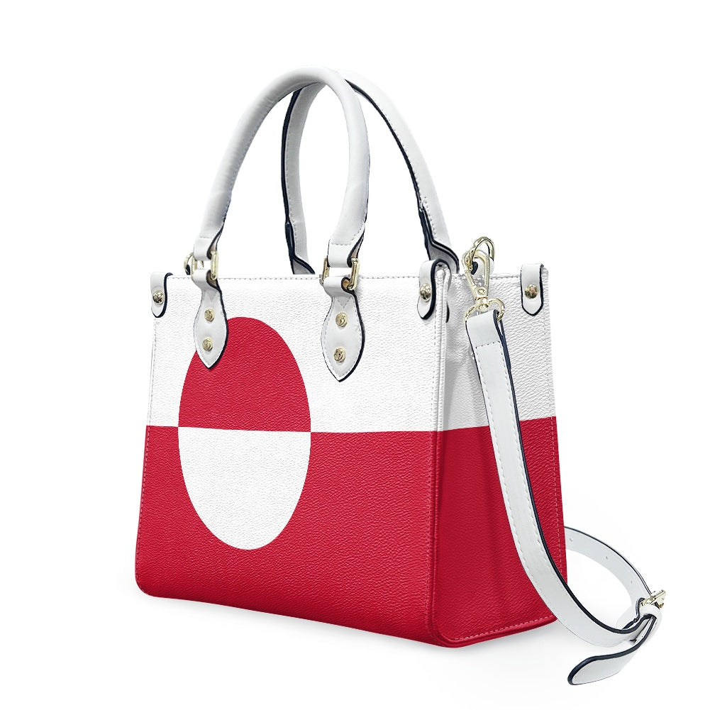 [Brand] handbag with red and white circular design.