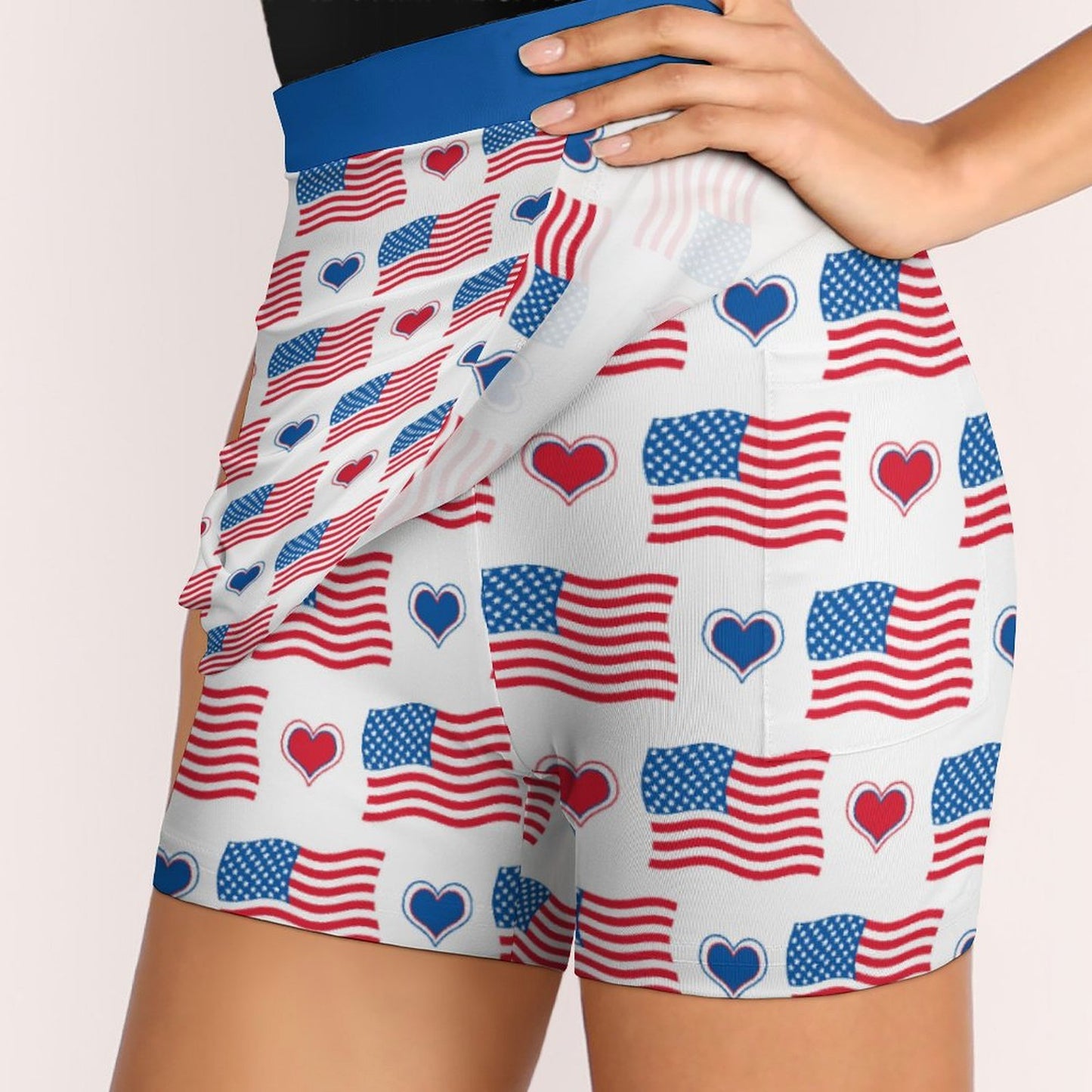 USA/American Flag Inspired Flag and Hearts Pattern Women’s Skort with Pocket