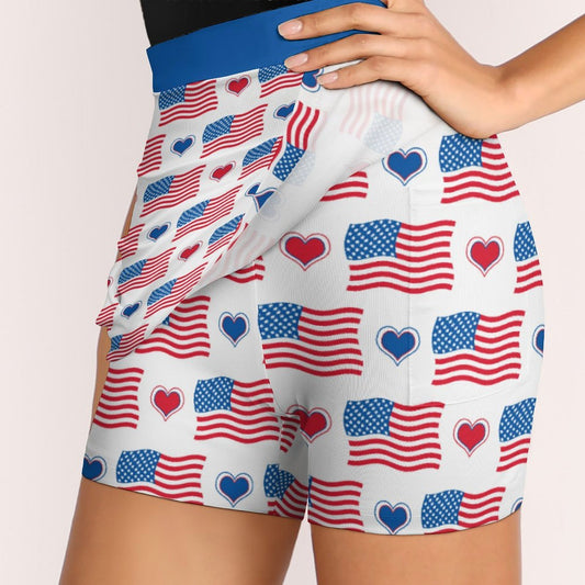 USA/American Flag Inspired Flag and Hearts Pattern Women’s Skort with Pocket