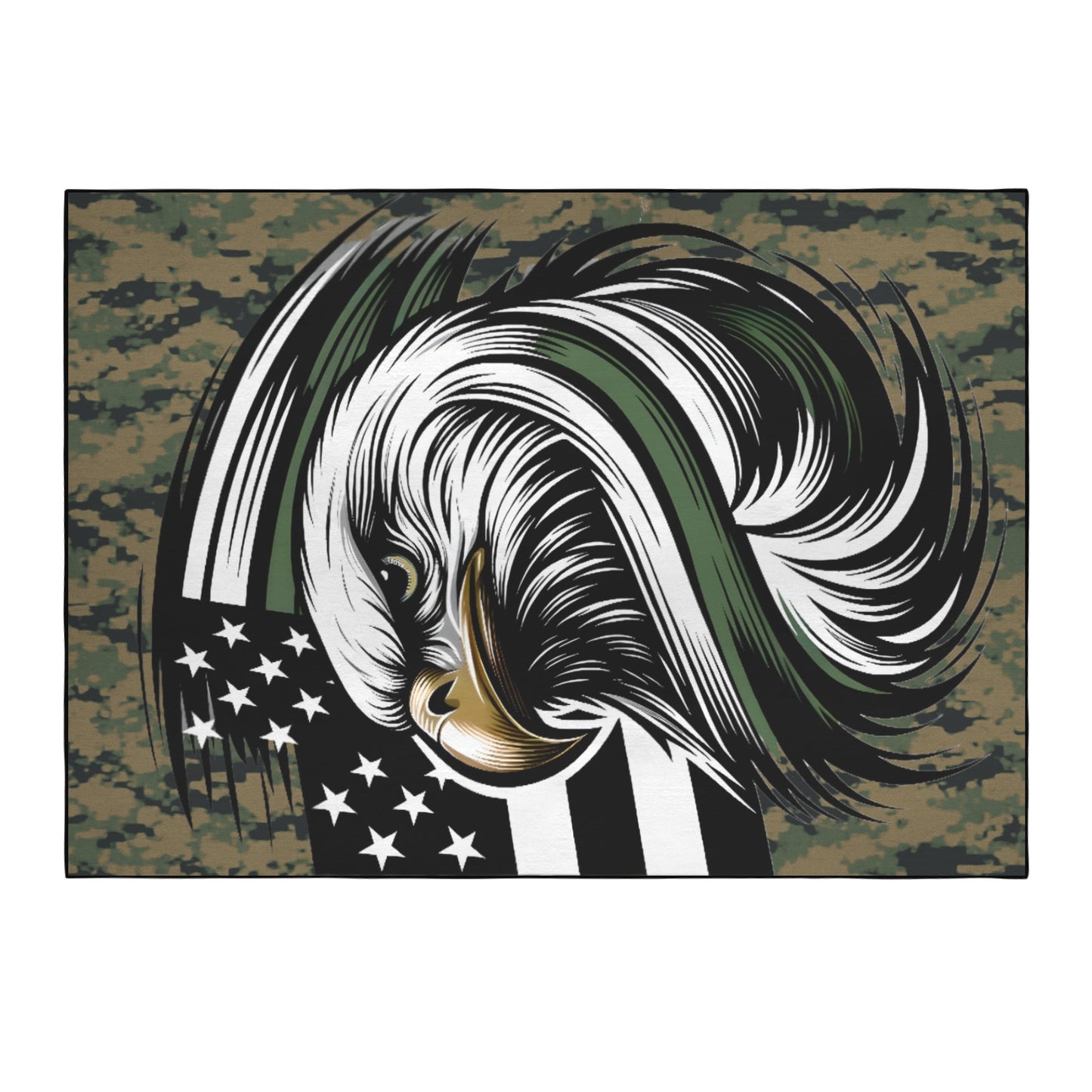 Thin Green Line Flag Inspired Eagle on Digital Camo 84x60 Inch Area Rug with Black Binding (Made in the USA)