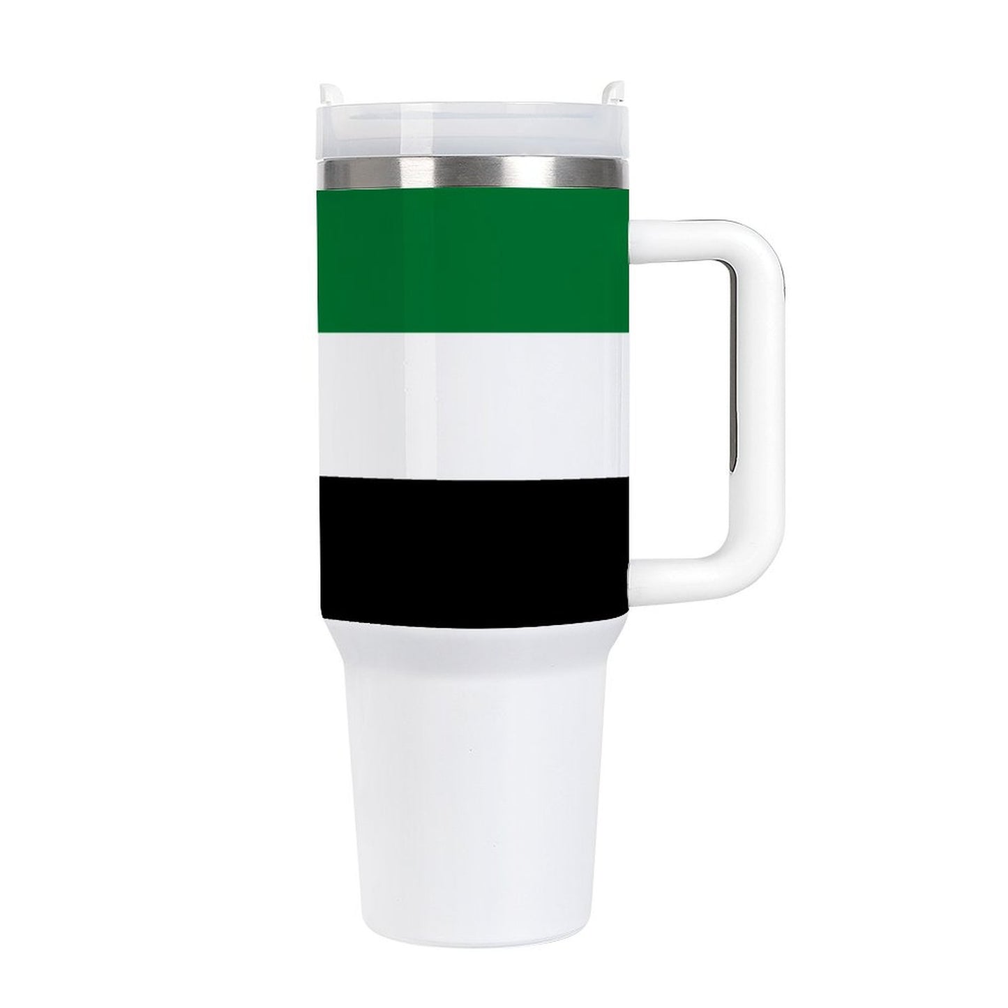 [Brand] travel mug with green, white, and black stripes.