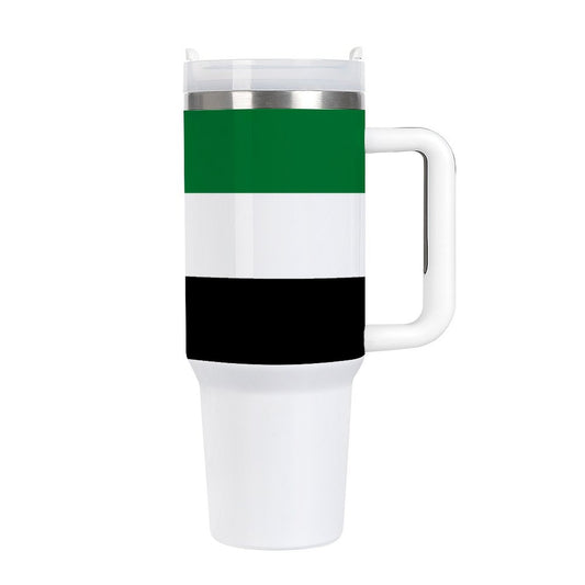 [Brand] travel mug with green, white, and black stripes.