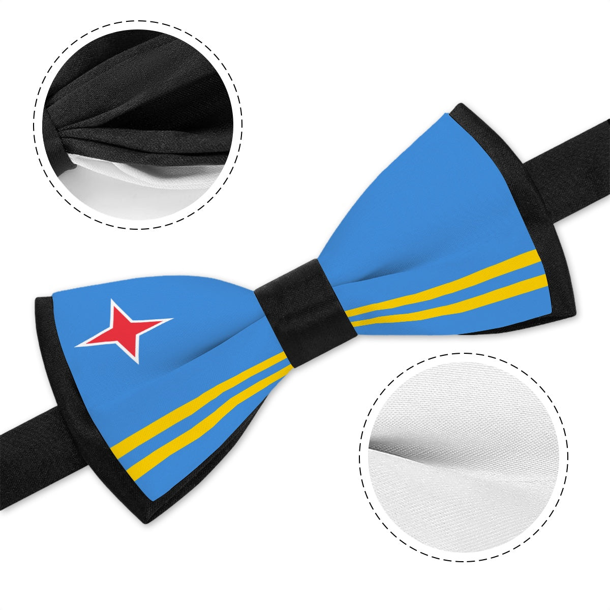 [Brand] bow tie featuring Aruba flag design with close-ups.