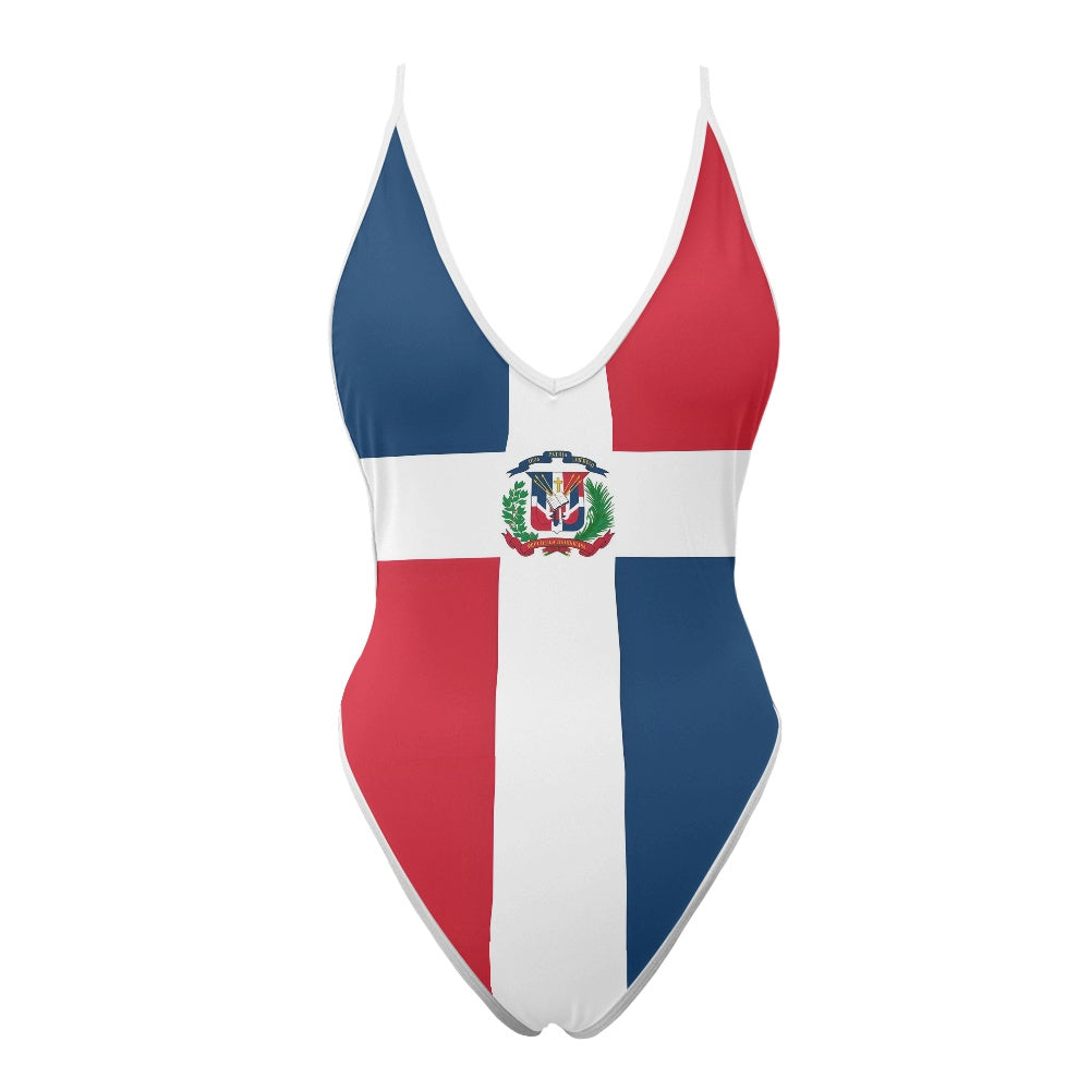 [Brand] swimsuit with Dominican Republic flag and emblem design.