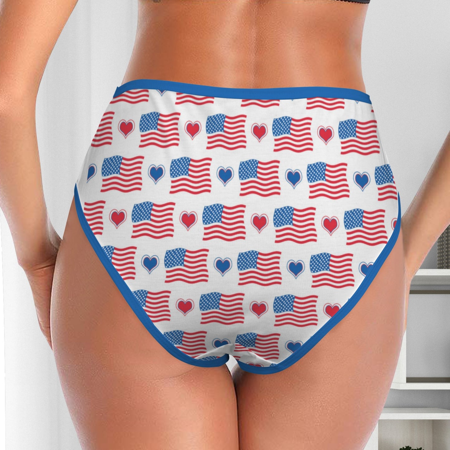 USA/American Flag Inspired Flag and Hearts Pattern Women's High Waisted Brief