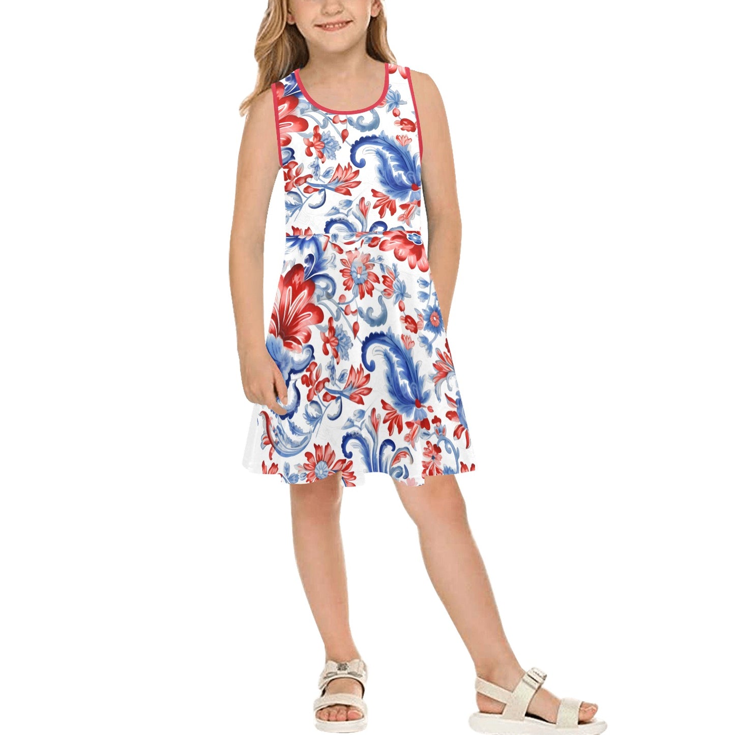 USA/American Flag Inspired Paisley/Floral Pattern Girls' Sleeveless Sundress | Ships from USA