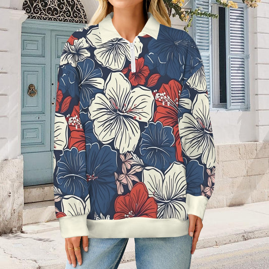 USA/American Flag Hawaiian Floral Pattern Women's Quarter Zip Pullover Sweatshirt