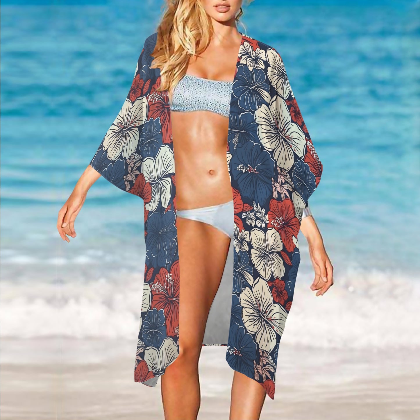 USA/American Flag Inspired Hawaiian Floral Pattern Women's Long Cover Up
