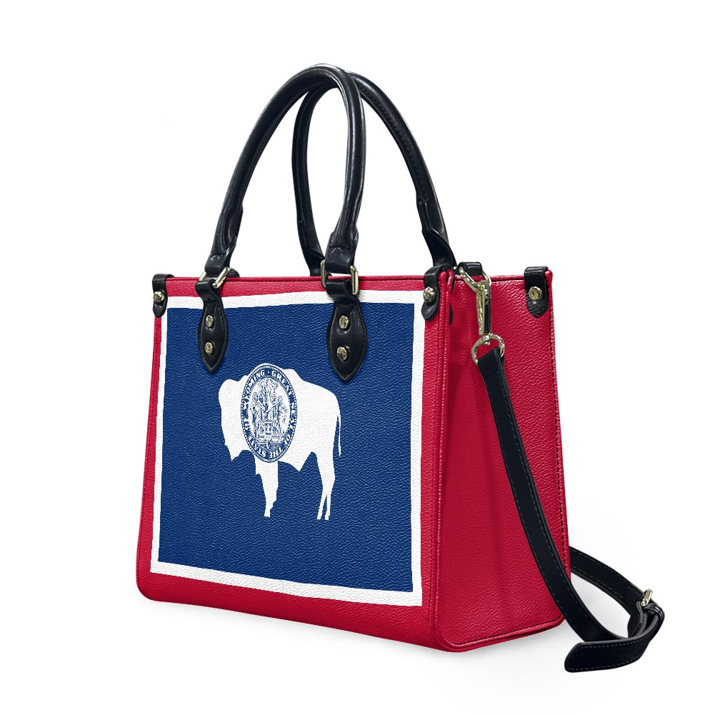 Red handbag with Wyoming flag design by [Brand].