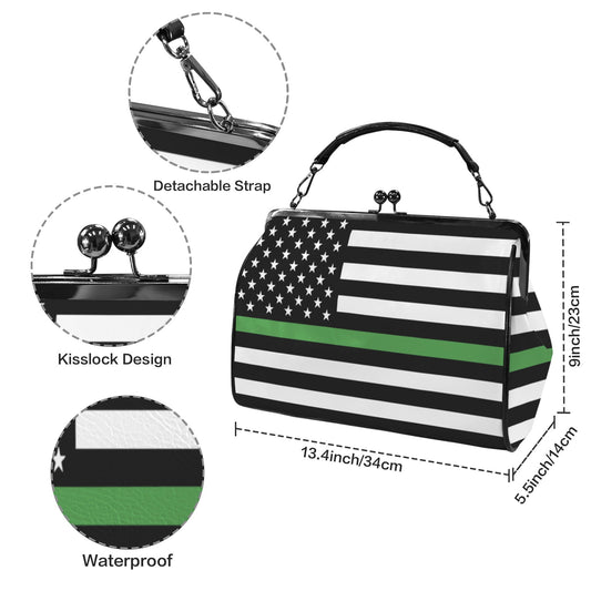 Thin Green Line Flag Inspired Kisslock Crossbody Shoulder Bag-Large