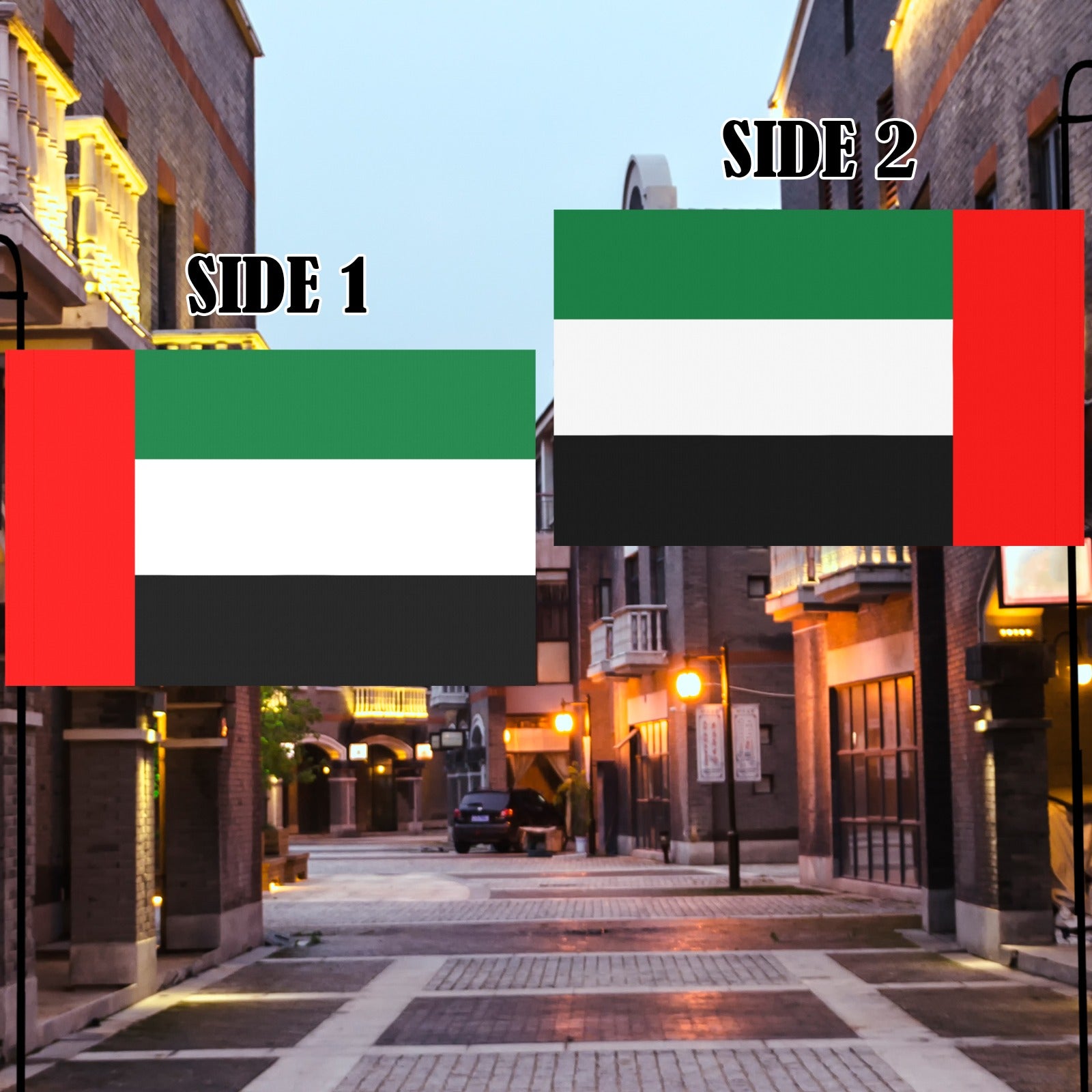 Luv My Flag, two-sided flag, city street display.