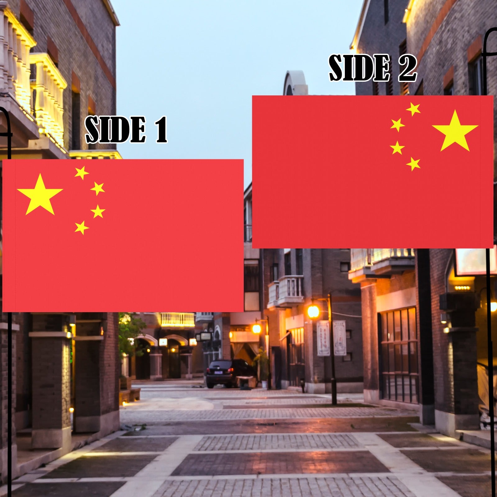 "Luv My Flag Chinese flags displayed in charming alleyway setting."