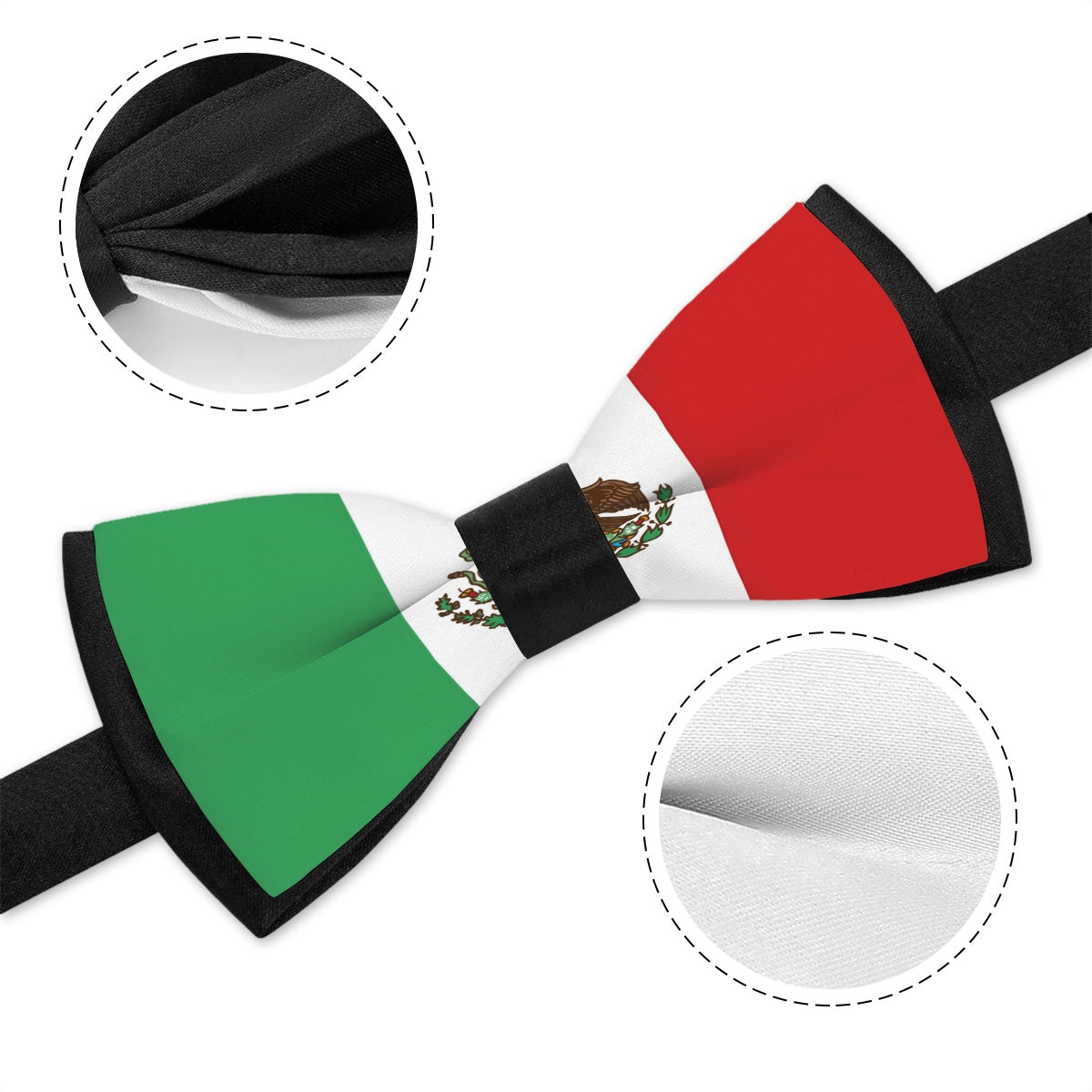 [Brand] bow tie with Mexican flag colors and details.