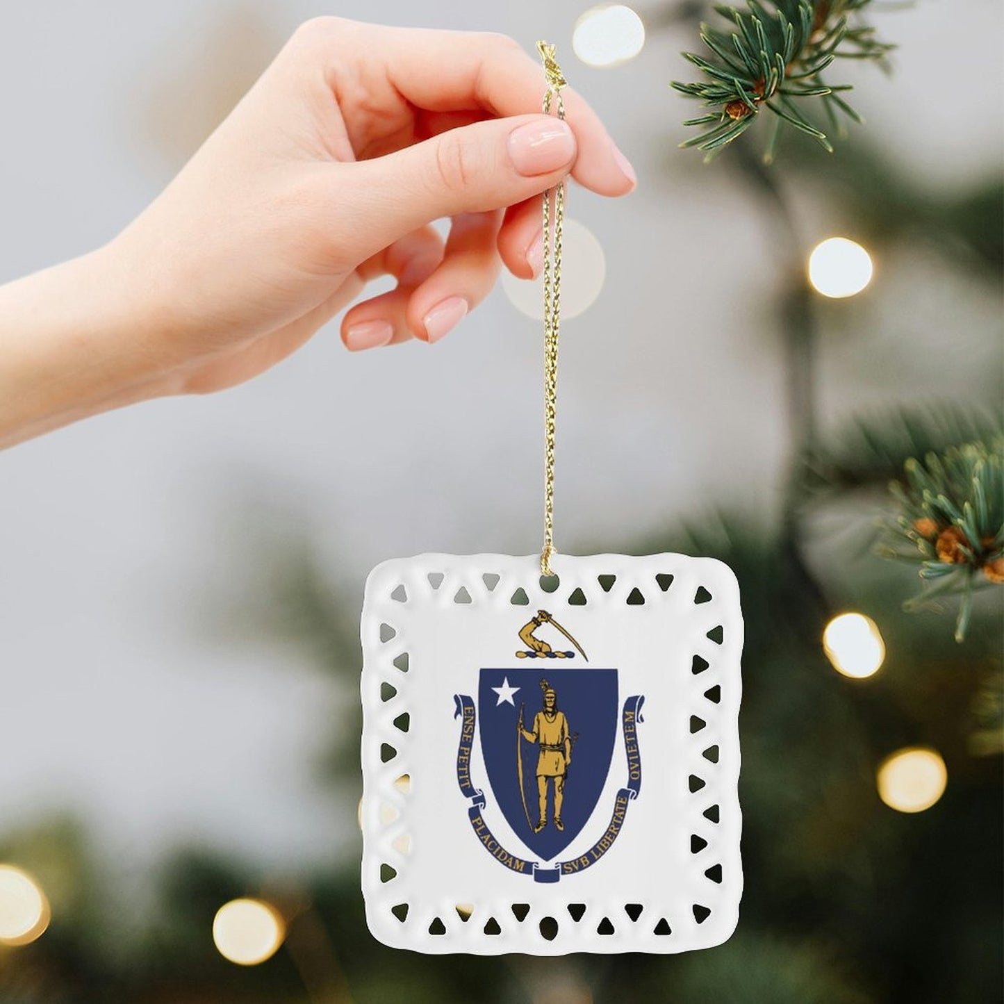 Massachusetts Flag Inspired Square Ceramic Ornament Made in the USA