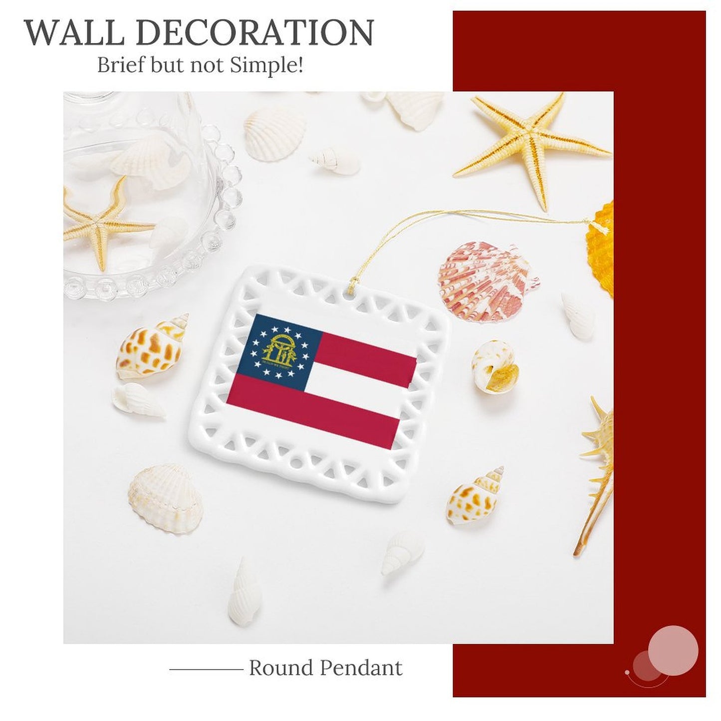Georgia Flag Inspired Square Ceramic Ornament Made in the USA