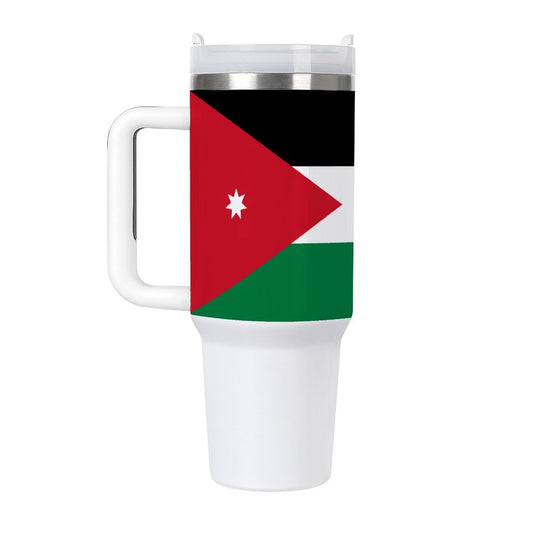[Brand] thermos mug featuring the Jordanian flag design.