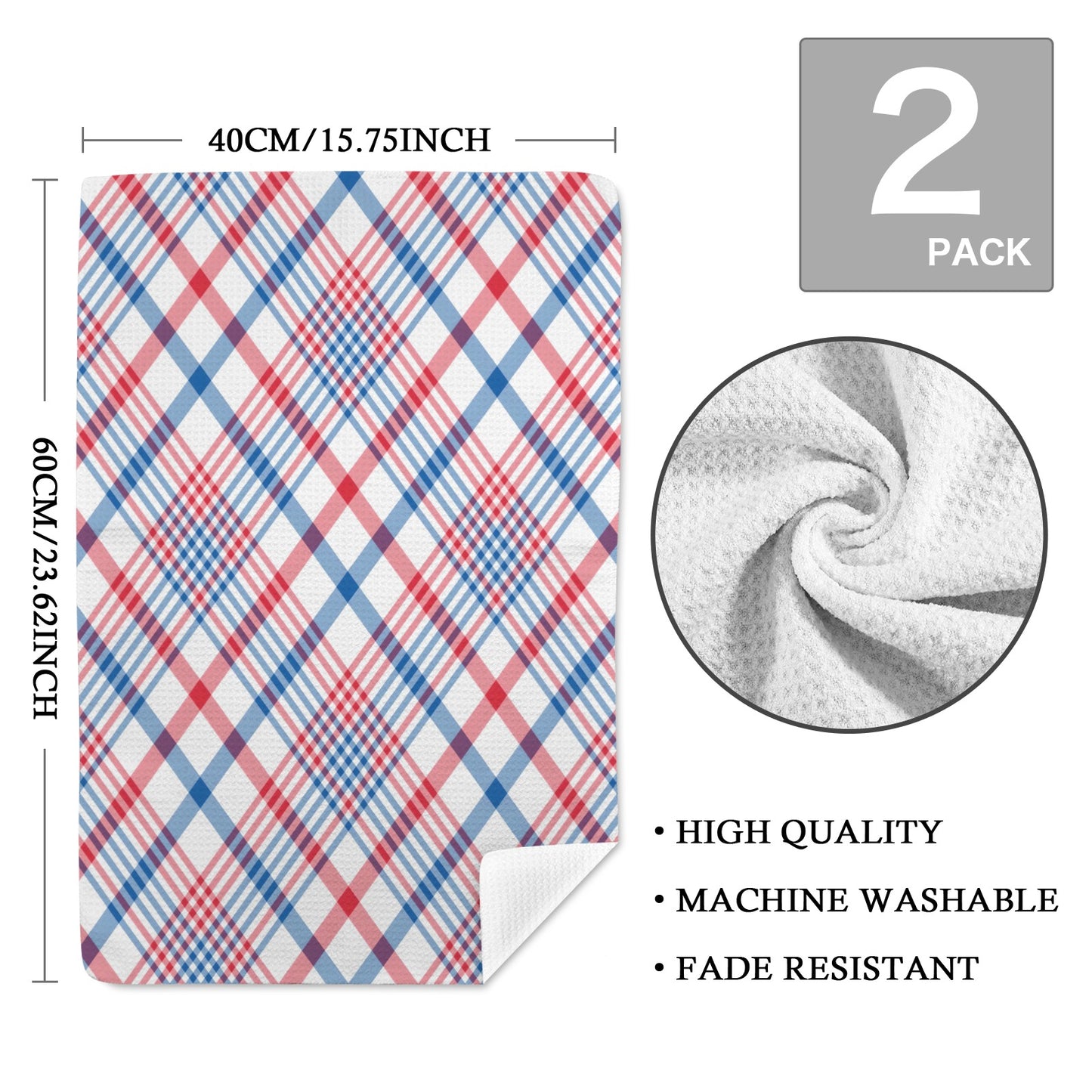 USA/American Flag Inspired Plaid Pattern Kitchen Towel 40X60cm (Pack of 2) (Made in the USA)
