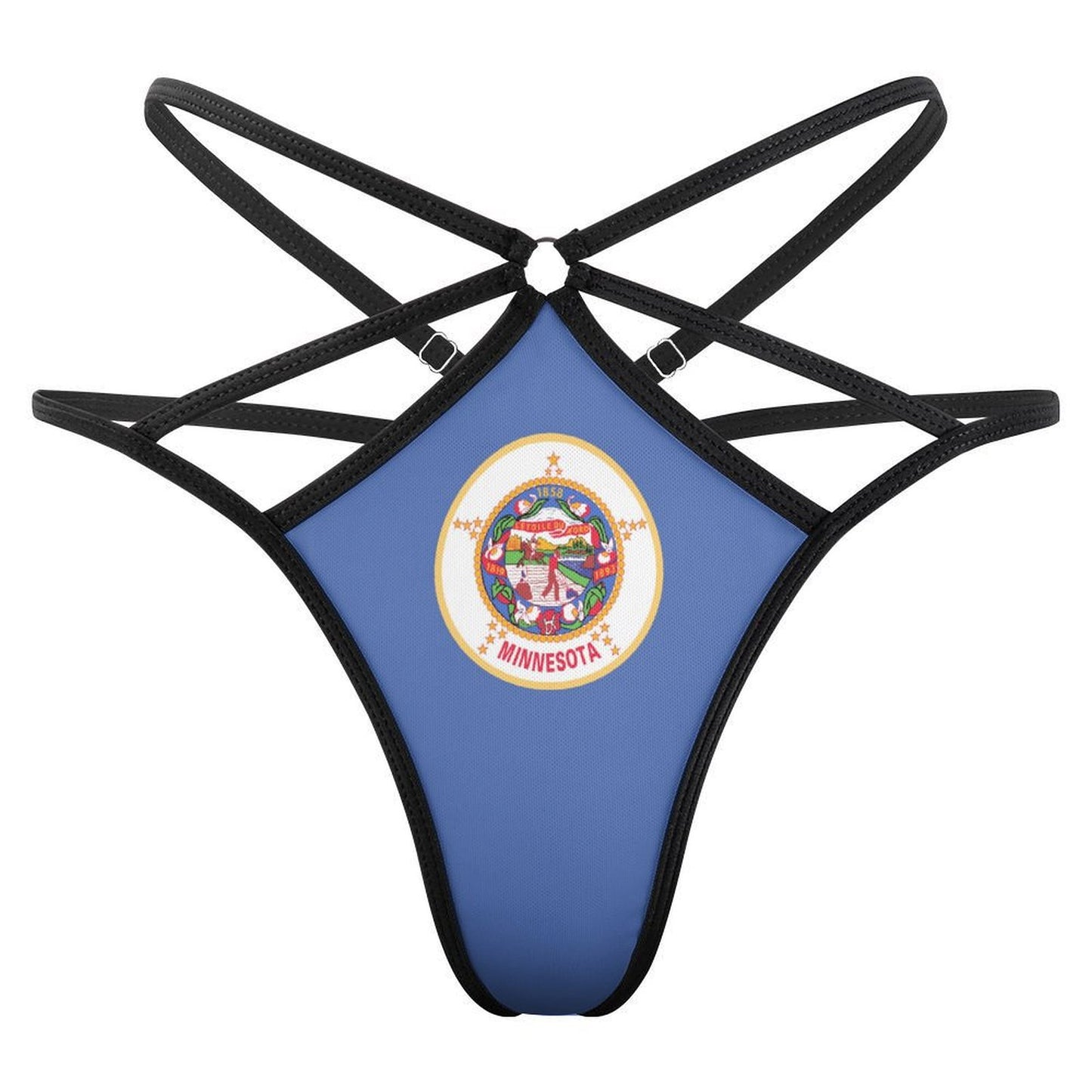 Strappy blue [Brand] thong featuring Minnesota state emblem design.