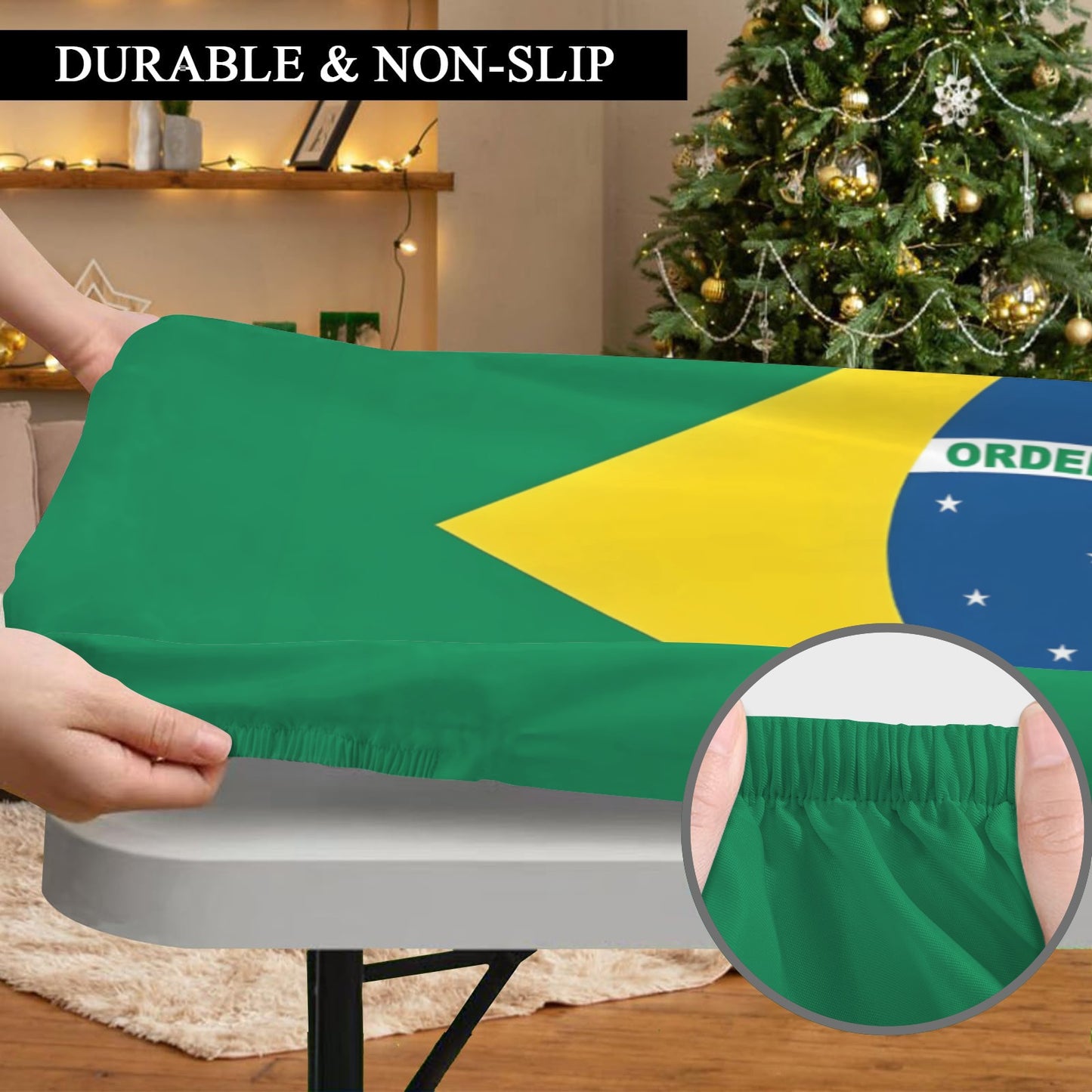 Brazil Flag Inspired Custom Elastic Fitted Tablecloth 72x30 inch (Made in the USA)