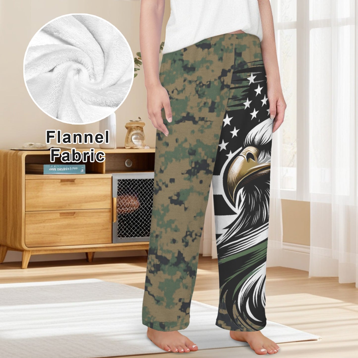 Thin Green Line Flag Inspired Eagle on Digital Camo Women's Flannel Pajama Trousers Made in the USA