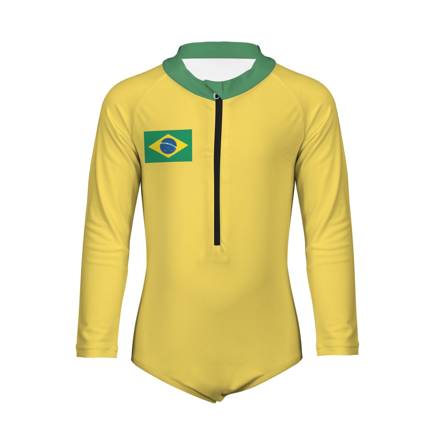 Brazil Flag Inspired Big Girls' Long Sleeve One-Piece Swimsuit