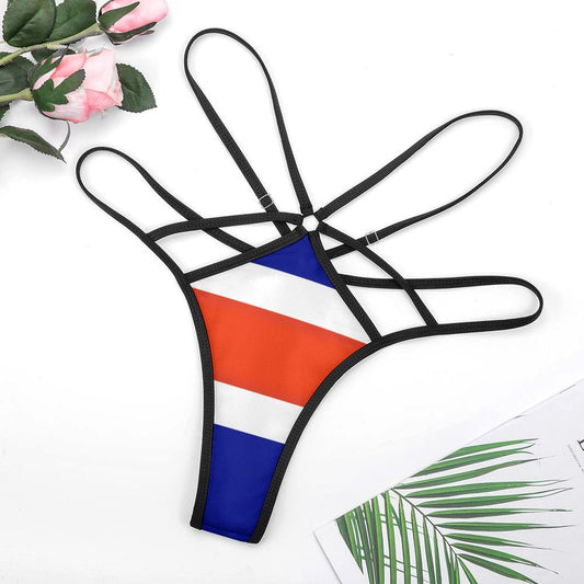 [Brand] swimsuit with red, white, blue stripes and flowers.