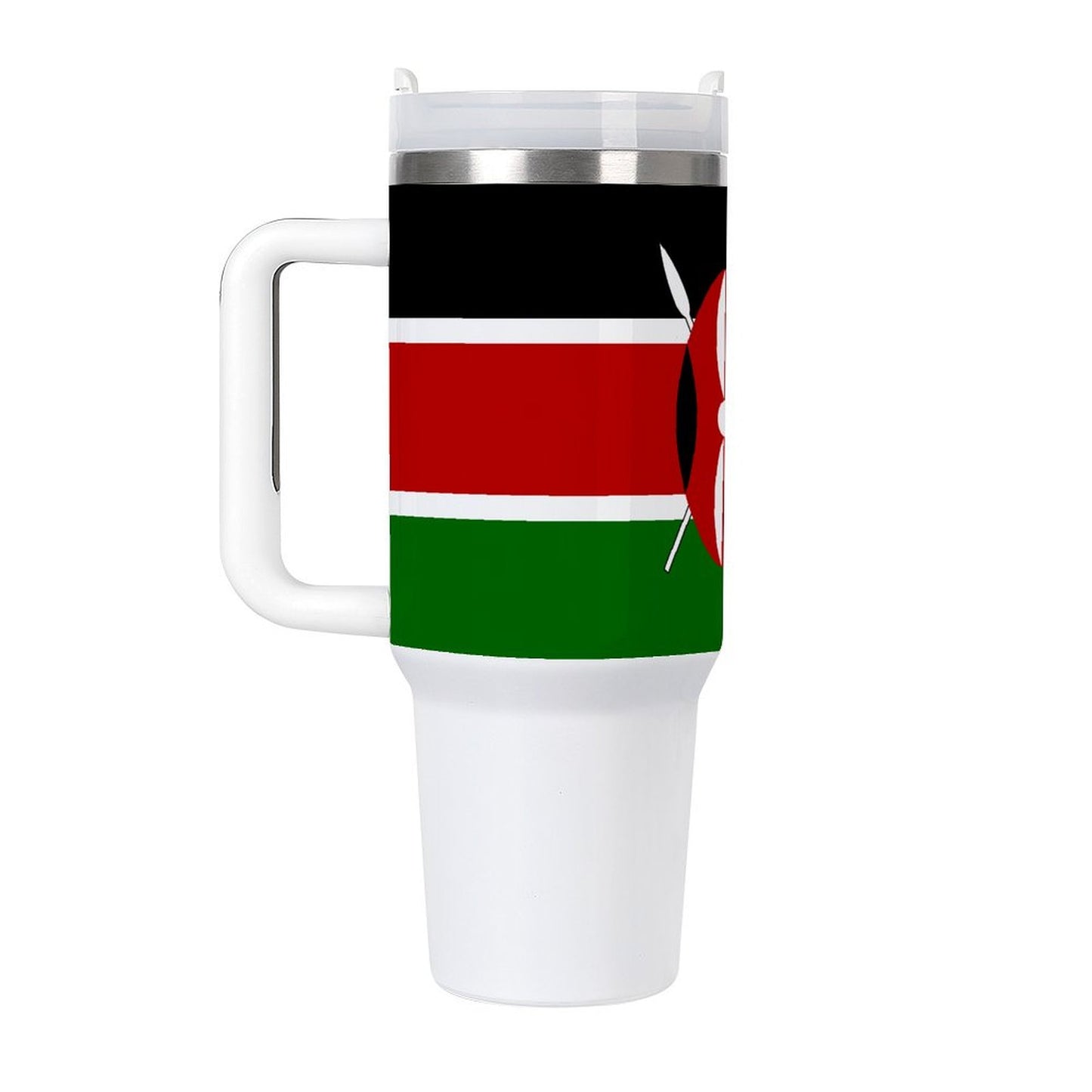 [Brand] travel mug featuring Kenya flag design, white handle.