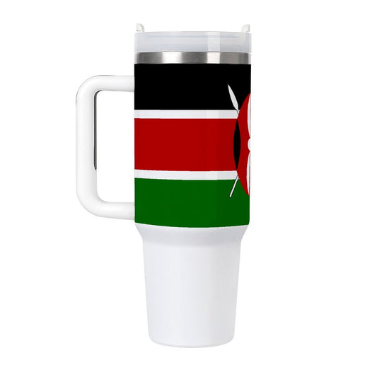 [Brand] travel mug featuring Kenya flag design, white handle.