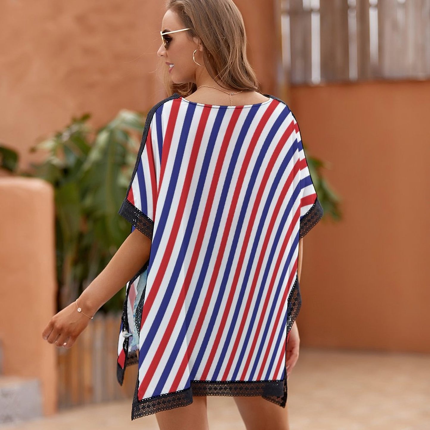 USA/American Flag Inspired Diagonal Stripes Pattern Custom Women's Beach Swim Cover Up