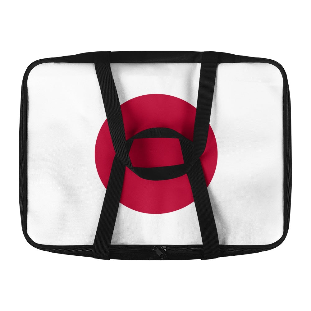 [Brand] laptop bag with Japanese flag design, black straps.