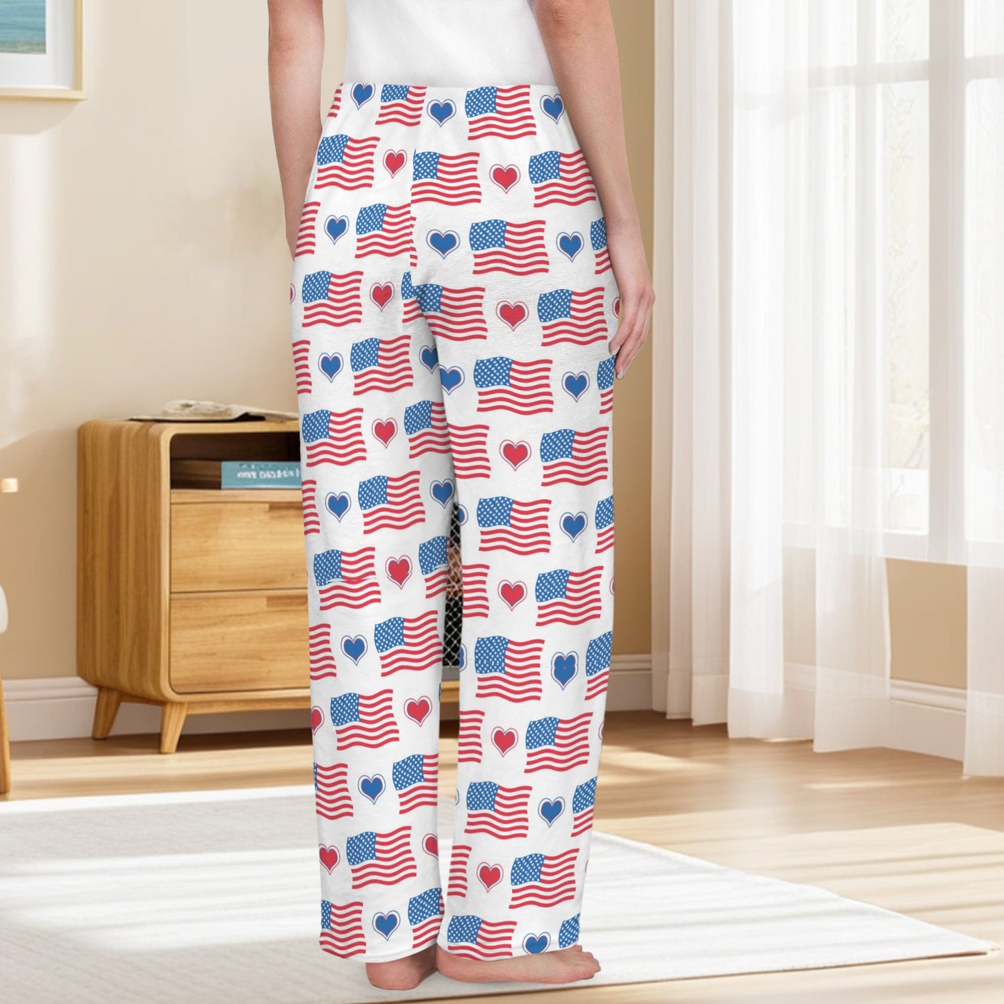 USA/American Flag Inspired Flag and Hearts Pattern Women's Flannel Pajama Trousers Made in the USA