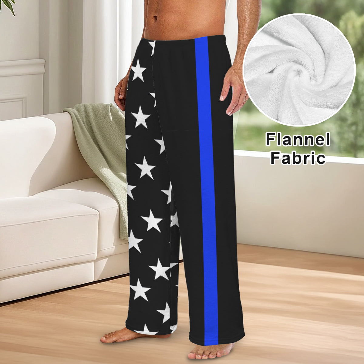 Thin Blue Line Flag Inspired Style-2 Men's Flannel Pajama Trousers Printed in the USA