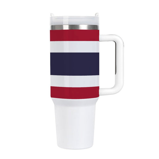 [Brand] mug with red, white, and blue striped design.