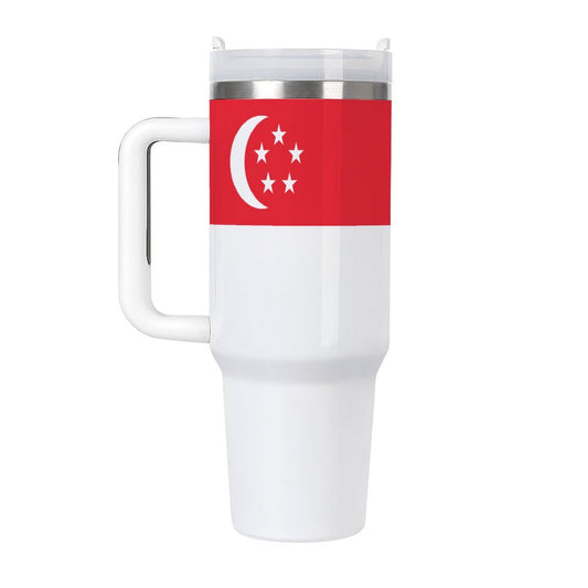 [Brand] white travel mug featuring Singapore flag design.