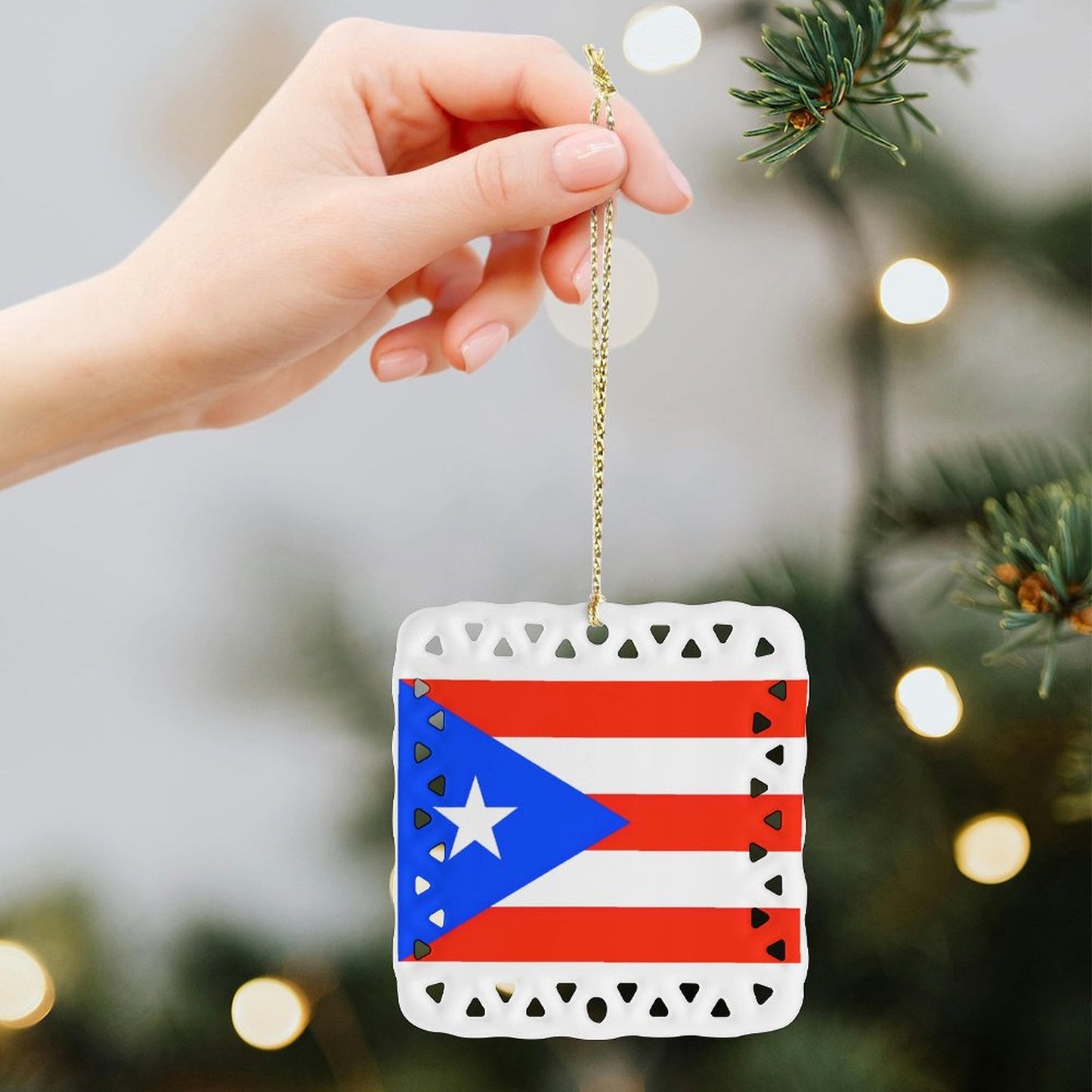 Puerto Rico Flag Inspired Square Ceramic Ornament Made in the USA