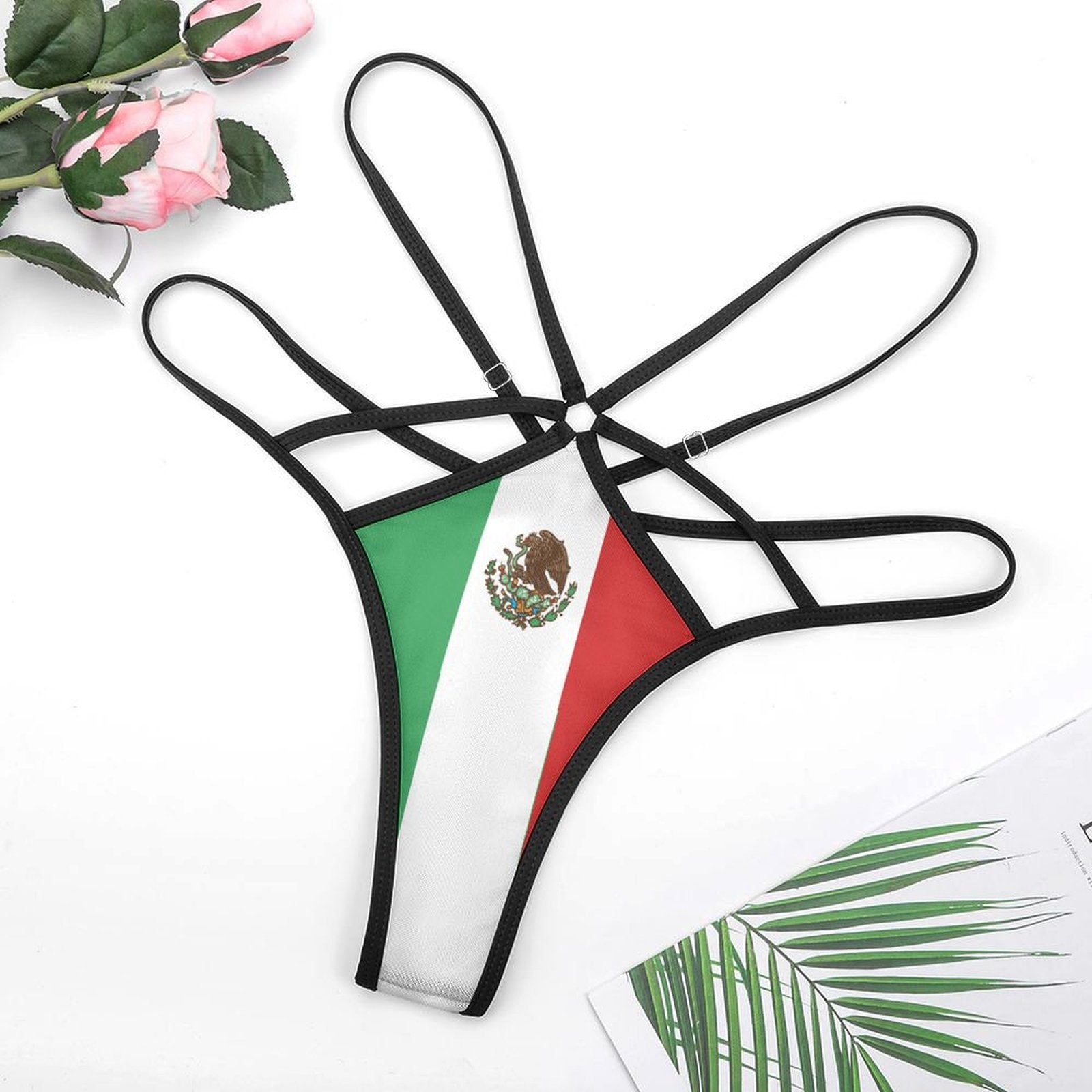 Black strappy thong with Mexican flag design, [Brand].