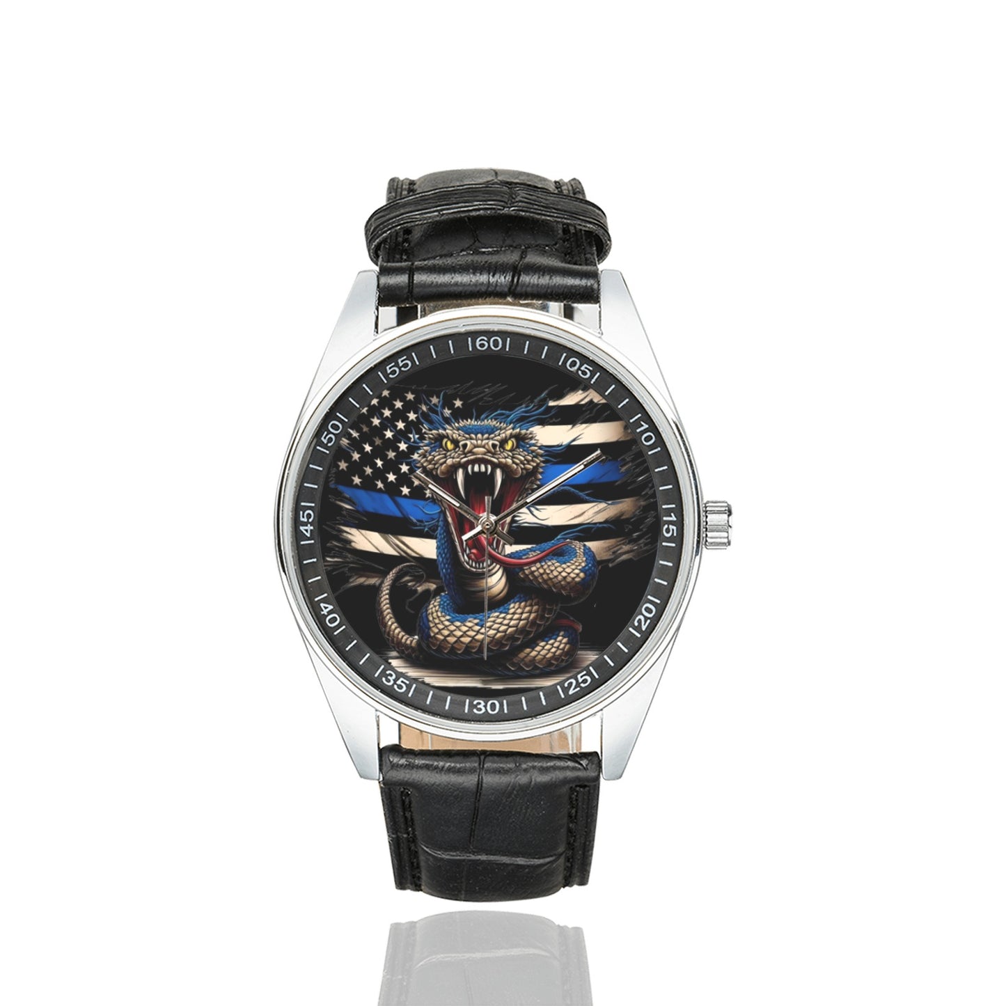 Thin Blue Line Flag Inspired Snake Men's Casual  Leather Strap Watch