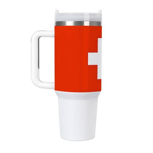 [Brand] red insulated travel mug with a white handle.