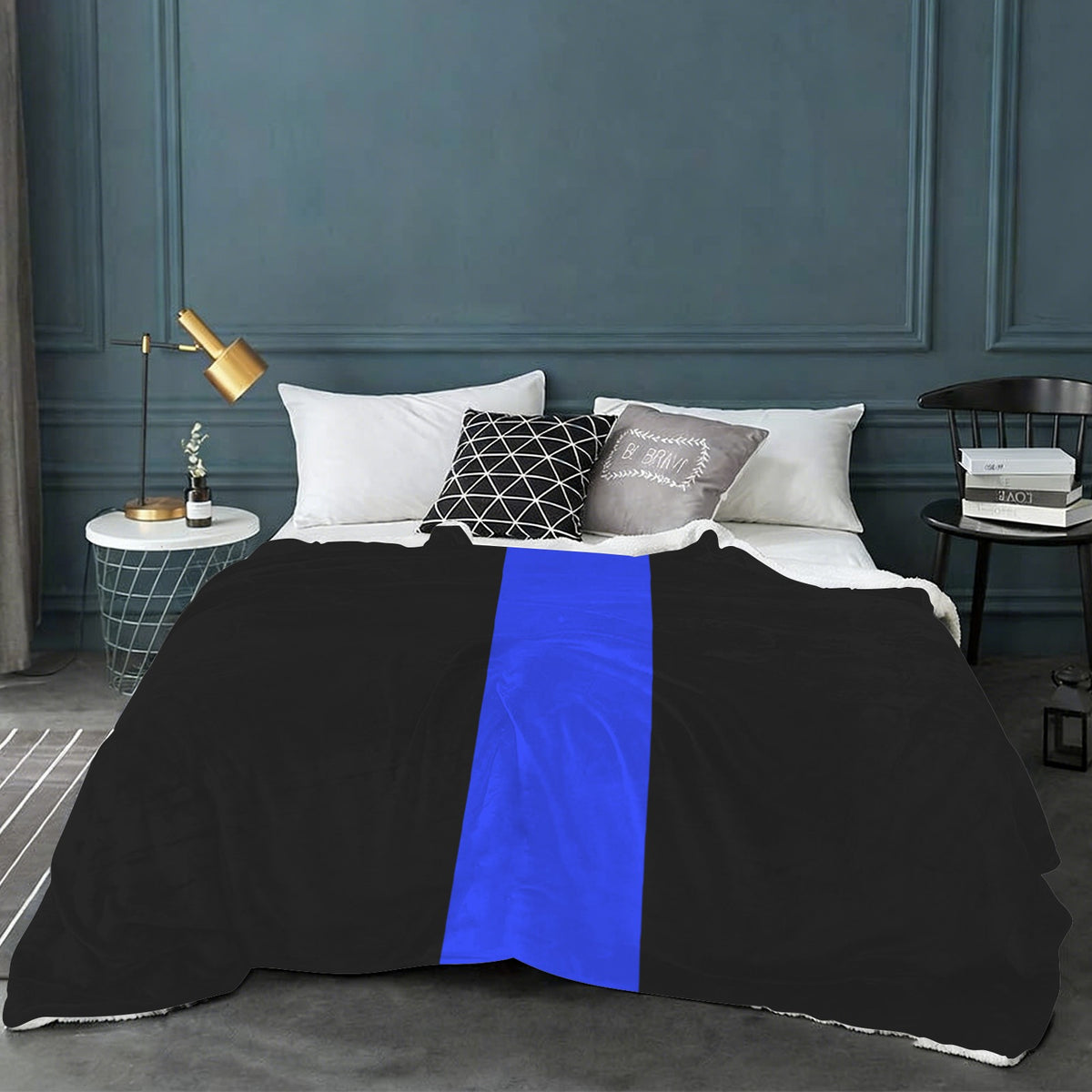 Thin Blue Line Flag Inspired Sherpa Fleece Blanket 90" x 108" | Prtinted in the USA