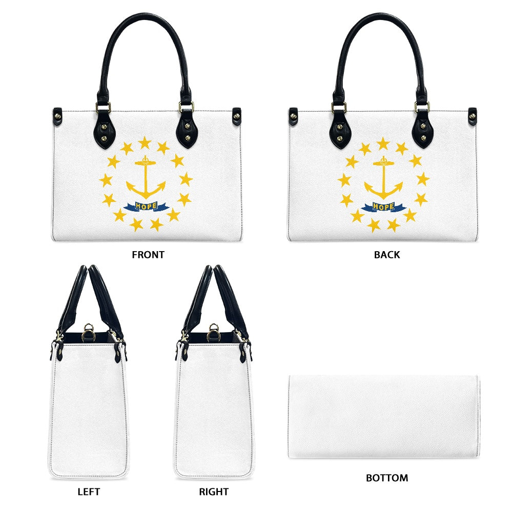 White [Brand] handbag with anchor design and black handles.