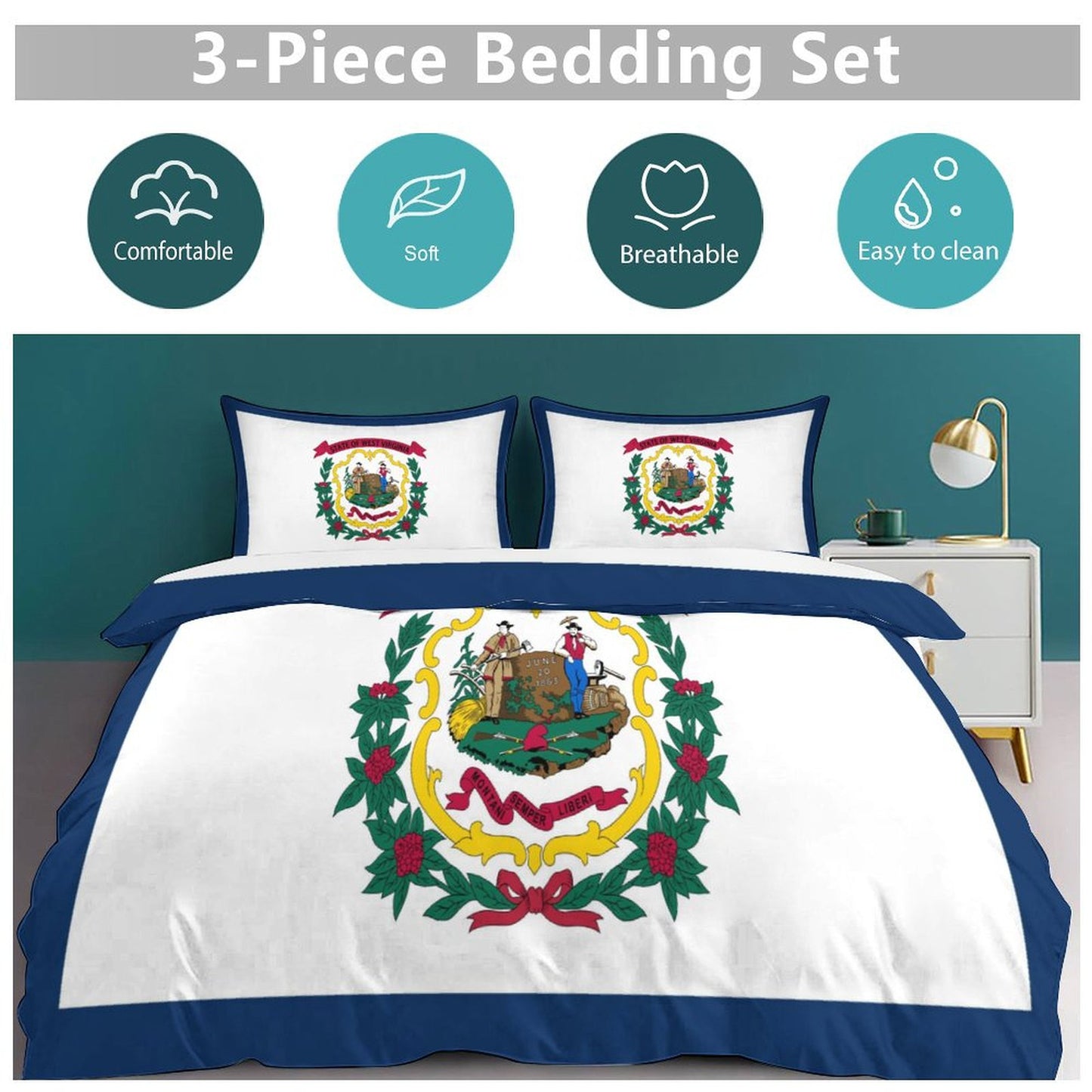 West Virginia Flag Inspired 3-Piece Bedding Set (1 Duvet Cover + 2 Pillow Shams) – 102"×90"