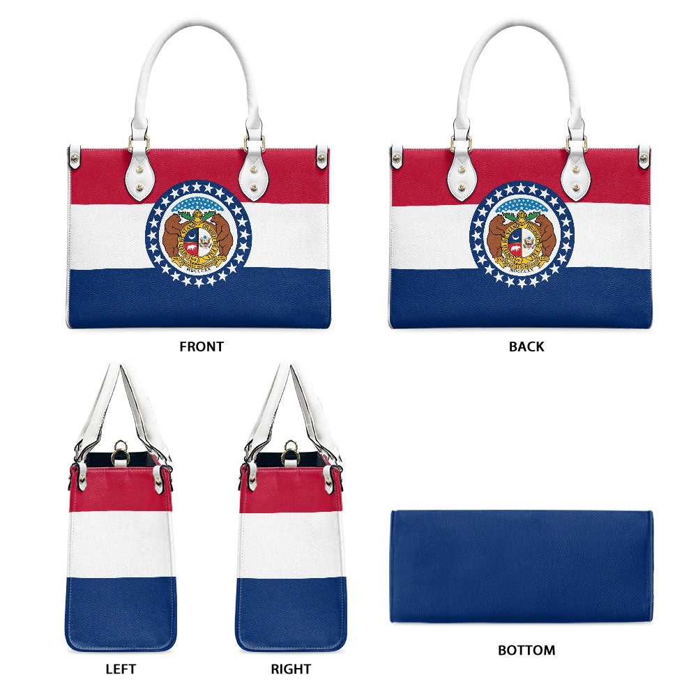 [Brand] handbag featuring Missouri flag design, multiple angles displayed.