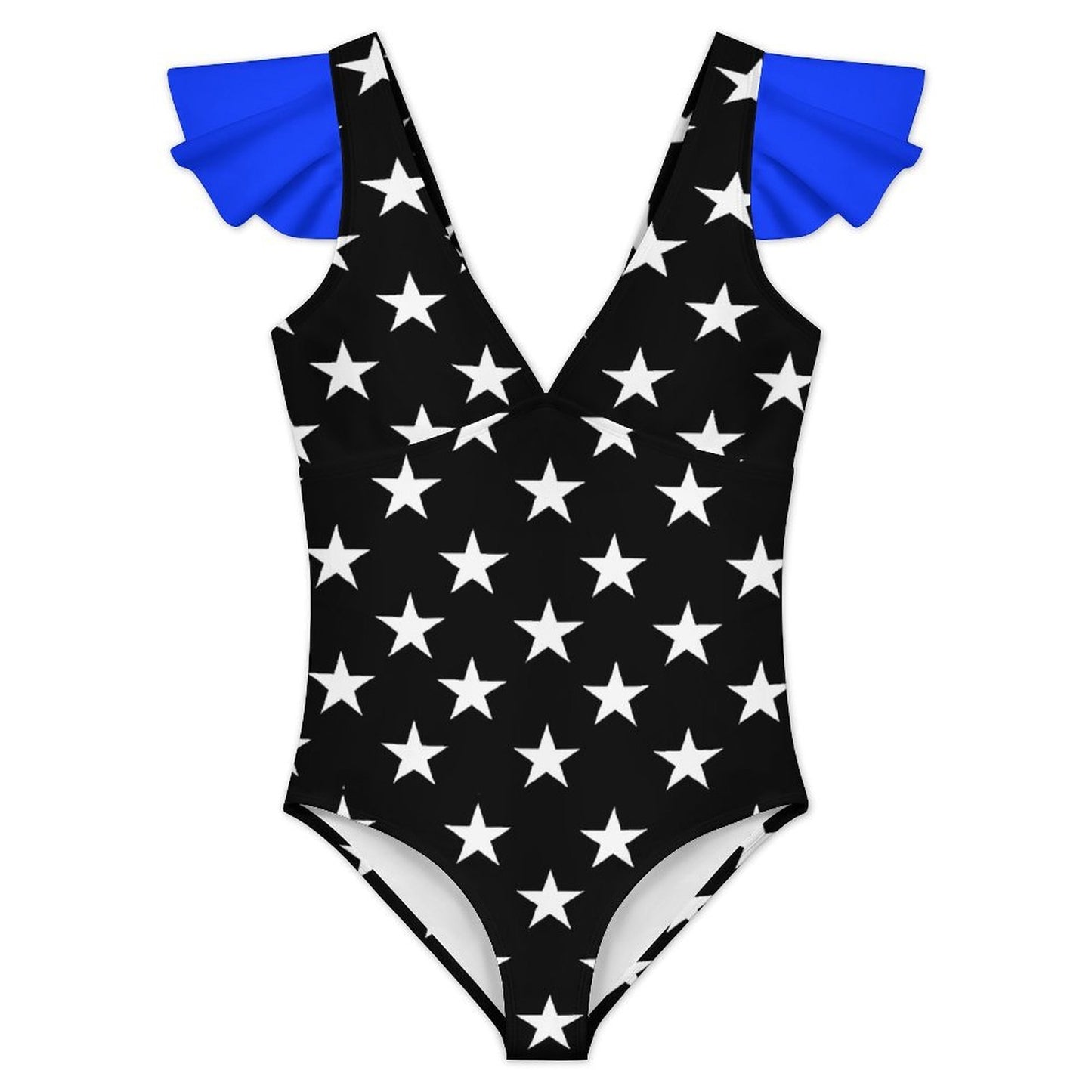 Thin Blue Line Flag Inspired Women's V-neck Ruffle Sleeve One Piece Swimsuit