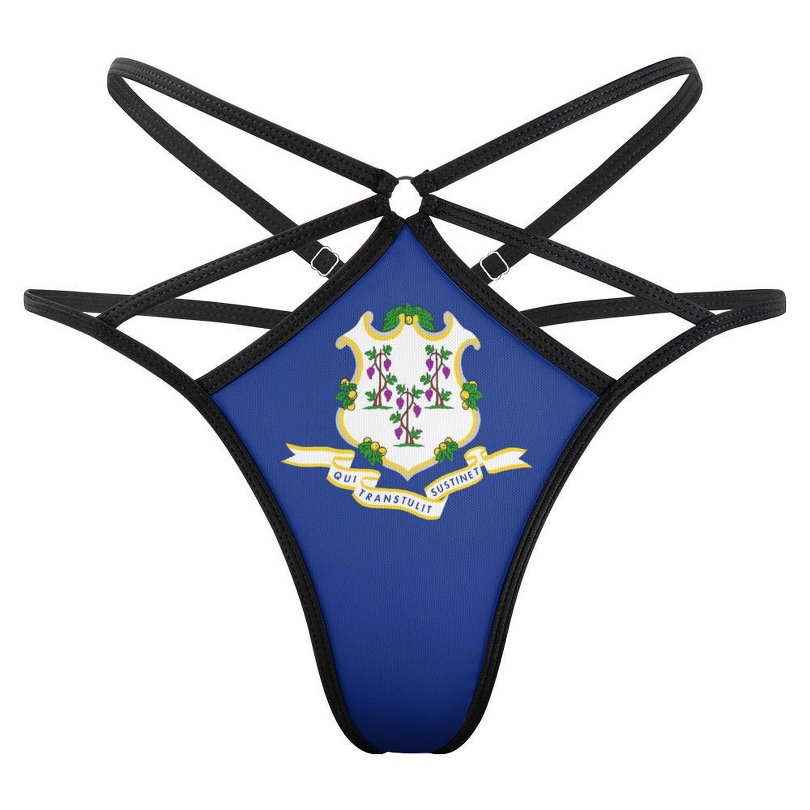 [Brand] strappy blue garment featuring Connecticut state seal design.