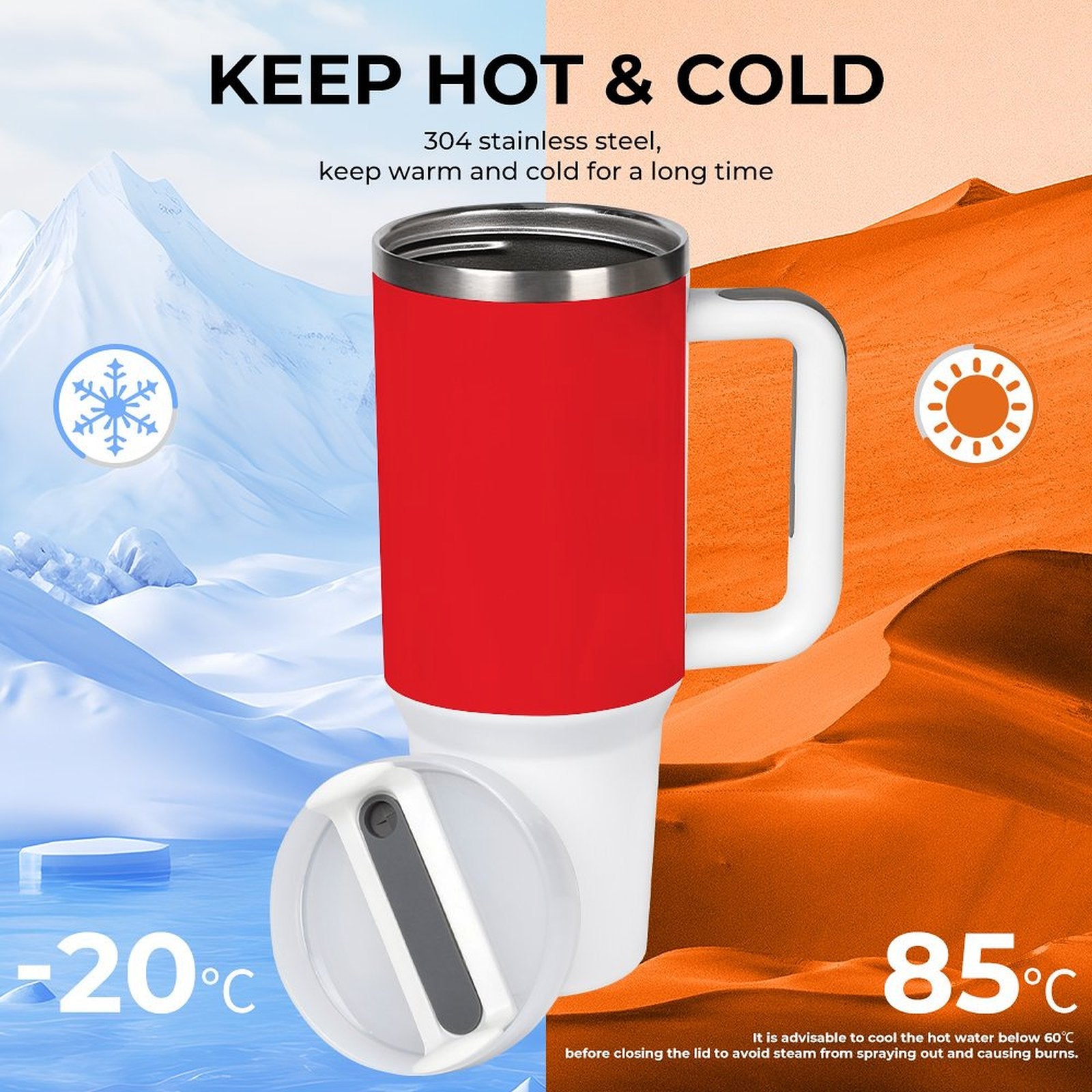 Red [Brand] tumbler, insulated for hot and cold beverages.