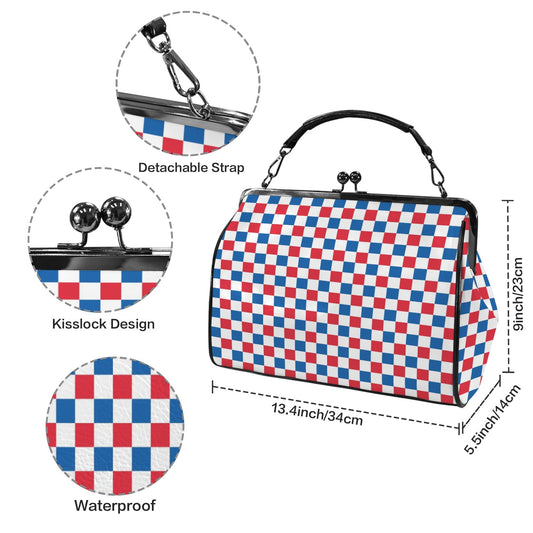 USA/American Flag Inspired Checkered Pattern Kisslock Crossbody Shoulder Bag-Large