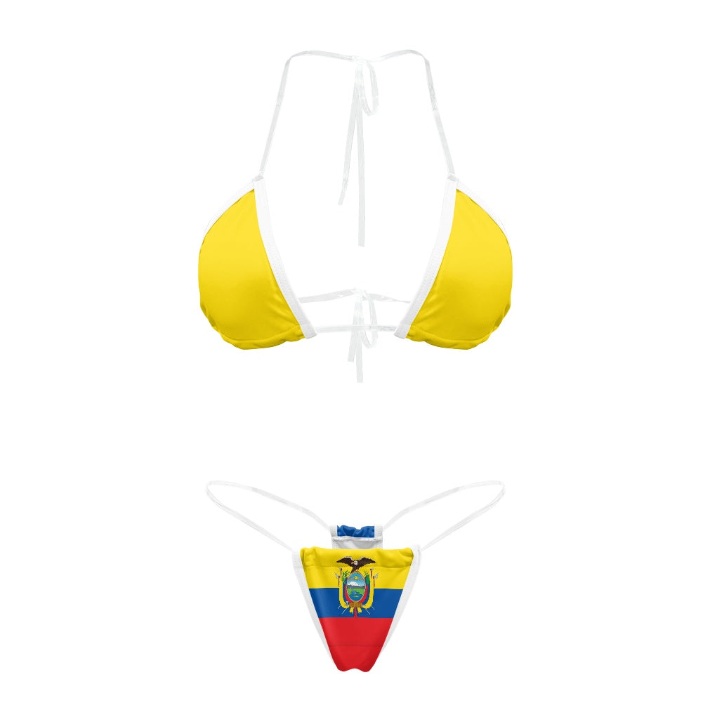 [Brand] bikini with yellow top, Ecuador flag-themed bottom.