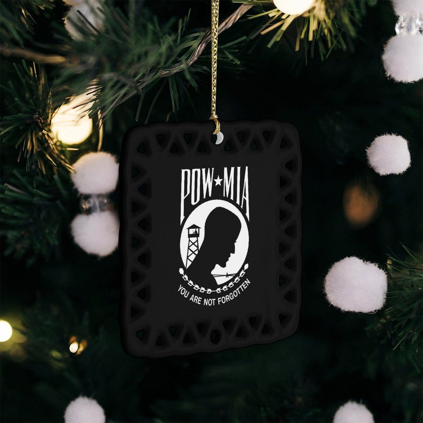 POW/MIA Flag Inspired Square Ceramic Ornament (Made in the USA)
